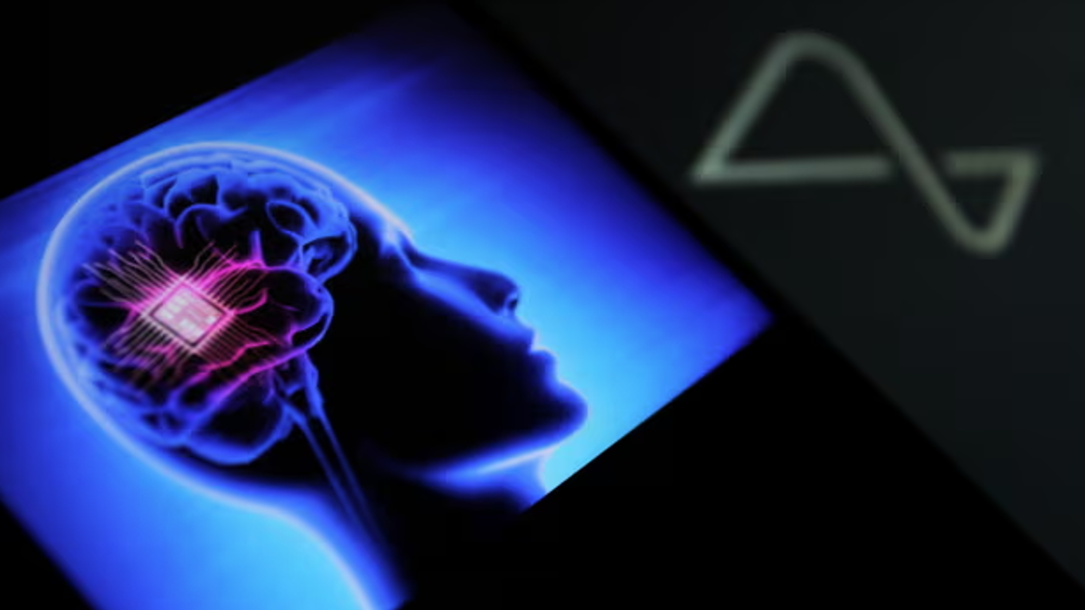 an image of a digital representation of a human brain, with an area highlighted and a logo in the background